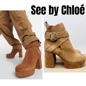 See by Chloé Lyna Platform Heel Ankle Boots Brown Leather Platform Boot US 7